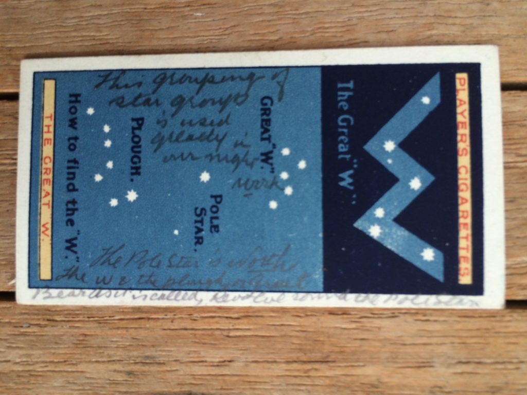 "This grouping of star groups is used greatly in our night work. The Pole Star is North. The W & the plough, or Great Bear as it is called, revolve toward the Pole Star."